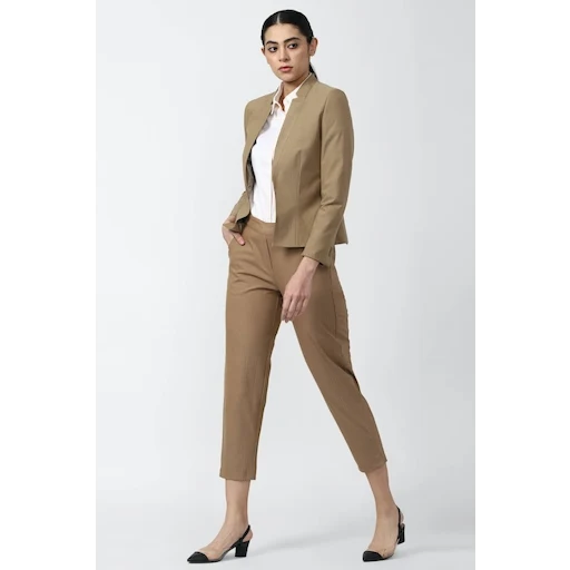 Van Heusen Khaki Textured Formal Full Sleeves Regular Collar Women Regular Fit Blazer